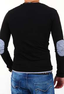   Longsleeve mit Ellenbogen Patches Deep V Neck T Shirt Pullover NEU