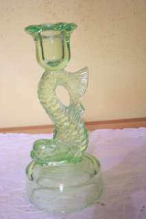Green 7 3/4 inch Dolphin Candlestick GLOWS Tiffin?  
