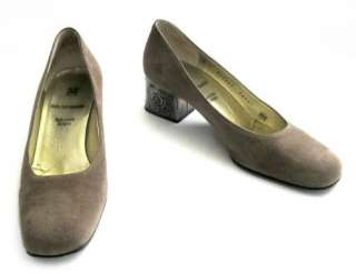 Taupe suede pumps with metal clad heels made in Italy by Bruno Magli 