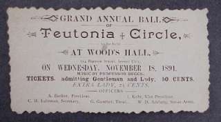 1891 TEUTONIA CIRCLE GRAND BALL PAPER TICKET WOODS HALL NJ DRUIDS 