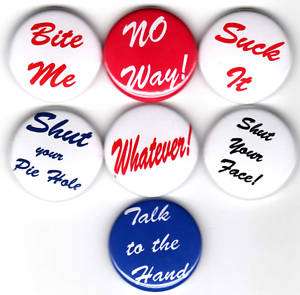 INSULT 7 pins/buttons FUNNY/rude/punk/indie/sayings  