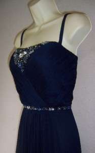 KM COLLECTIONS Navy Blue Chiffon Beaded Ruched Formal Gown Dress 