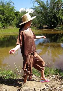 Aztec Motif Thai Silk Drive In Wrap Pants and Short Shirt Set in Brown 