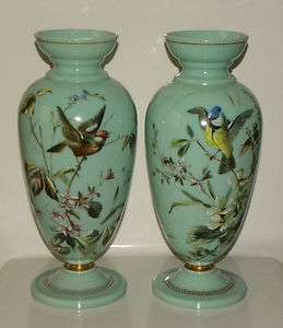 Pair Of Antique French Baccarat Opaline Glass Enameled Vases. 19th 