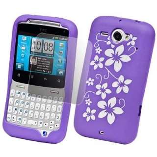 FOR HTC CHACHA PURPLE FLOWER SOFT SILICONE SKIN GEL CASE COVER +SCREEN 