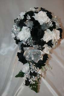   Black Silver Silk Flower Wedding Silk Flowers Bridesmaids 21 pc  