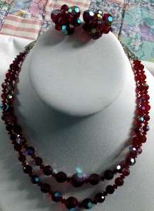 AURORA BOREALIS RED CRYSTAL BEAD DOUBLE STRAND 15  NECKLACE & CLIP 