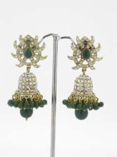 Faux Emerald Dul Gold Tone Victorian Style Earring Jhumka Dangle 
