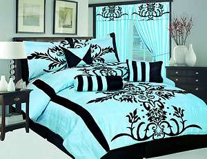   Patterned Sky Blue / Black Comforter bedding in a bag or curtain set