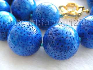20 Genuine Natural 18mm Round Blue Coral Necklace  