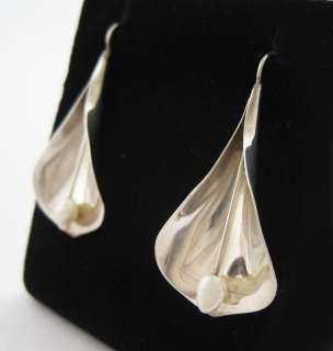   Vintage Ed Levin Sterling Silver Pearl Calla Lily Flower Drop Earrings