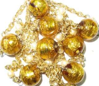   Vintage Murano Gold Foil Crystal Bead Art Glass Pearl Flapper Necklace