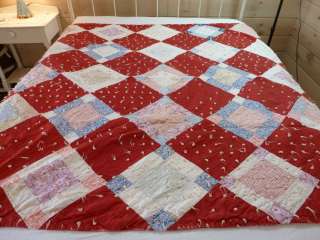 VTG. FEED SACK QUILT  CRIB TABLE LAP RED PATCHWORK BABY DOLL KNOTTED 