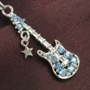 Star Electric Guitar Blue Crystals Stone Designer Necklace Pendant 