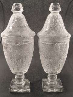 Pair of Antique Small Etched Clear Glass Covered Urns  