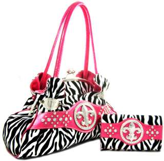   Rhinestone Fleur de lis Kiss Lock Purse Handbag Wallet SET Pink  