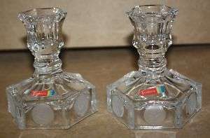 FOSTORIA COIN GLASS CLEAR CANDLE HOLDERS PAIR  