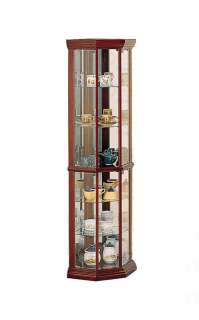   this cherry finish corner curio cabinet features glass shelves