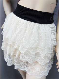 Ruffled Tulle Lace Tier Layered Mini Skirt Cream XS  