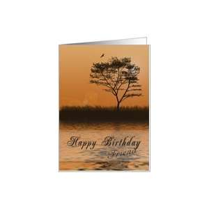  Happy Birthday Friend, Orange sunset with Tree by Lake 