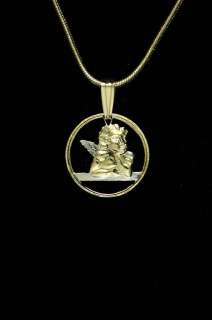Angel Guardian Religious Cut Coin Pendant Necklace 5/8  