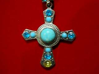 VINTAGE SILVERTONE FAUX TURQUOISE CROSS PENDANT WITH CHAIN  
