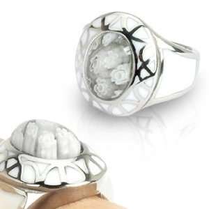   Steel White Murano Glass Cast Multi Flower Glass Center Ring   Size7