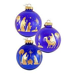 Set of 3 Gold Nativity on Blue Ornaments 
