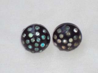 Vintage Black Lucite Rhinestone Button Screw Back Earrings (S223 
