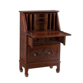 DROP FRONT SECRETARY WRITING DESK CARVED WOOD HUTCH BRITISH COLONIAL 
