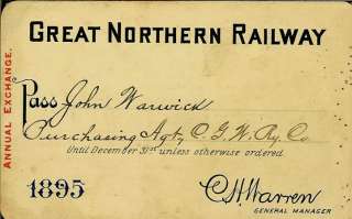 GREAT NORTHERN RAILWAY railroad pass 1895 Washington Montana Iowa 