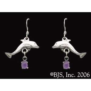  Dolphin Gemstone Earrings, Sterling Silver, Amethyst set 