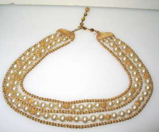 VINTAGE TRIFARI 4 STRANDS GOLD CHAIN / PEARL NECKLACE  