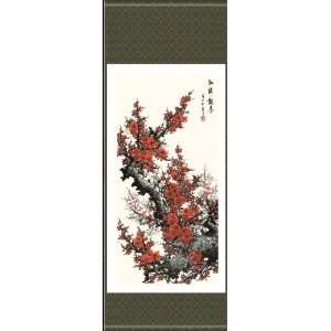  Chinese Art   Wall Scroll Painting   Red Plum Flowers 