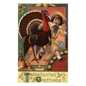  Thanksgiving Greetings   Boy with Arm around a Turkey 